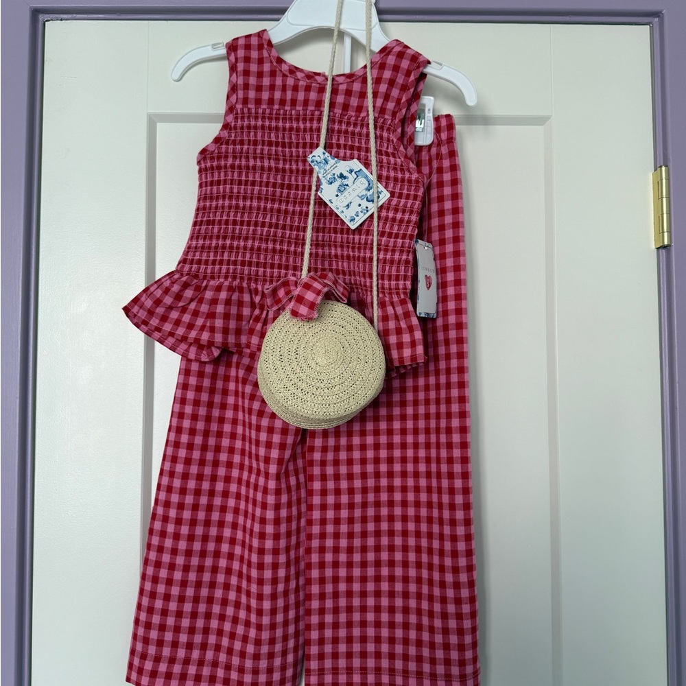 NWT Red Gingham Toddler Tank and Pants Set with Straw Bag 5T